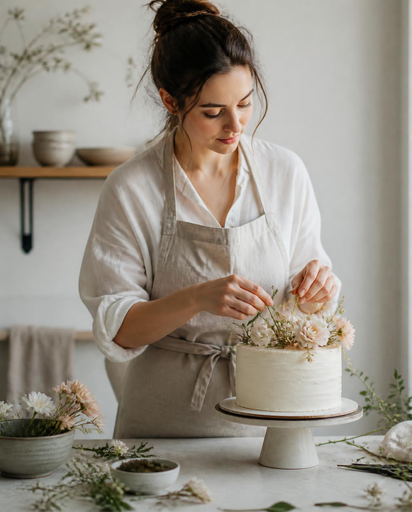 Baker arranging delicate flowers on a cake in a bright studio