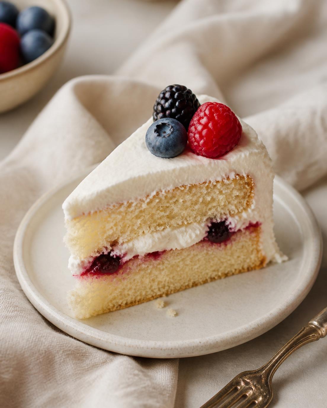 Slice of sponge cake with cream and berries