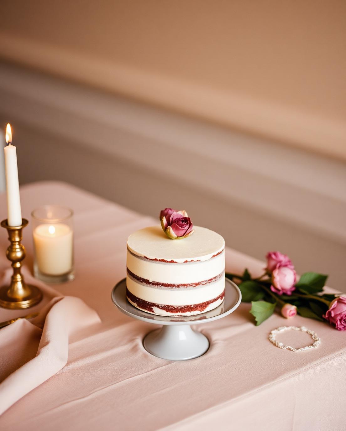 Single-tier elopement cake with a dried rose on linen