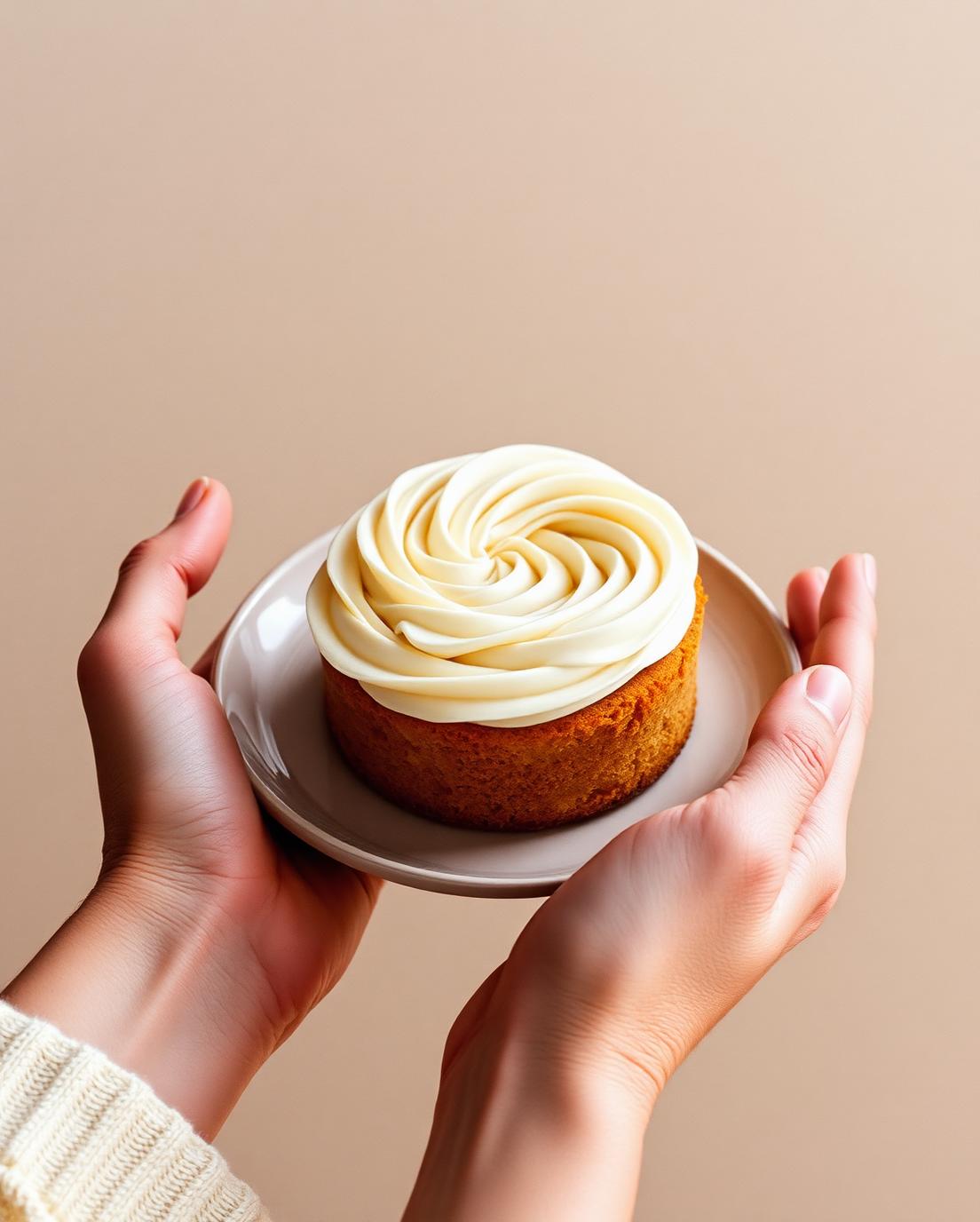 Small cake with ivory buttercream swirl held on a ceramic plate