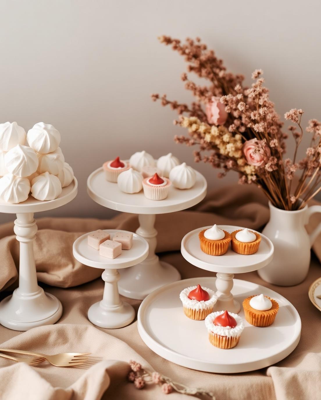 Dessert table with meringues, tarts and mini cakes on ivory stands