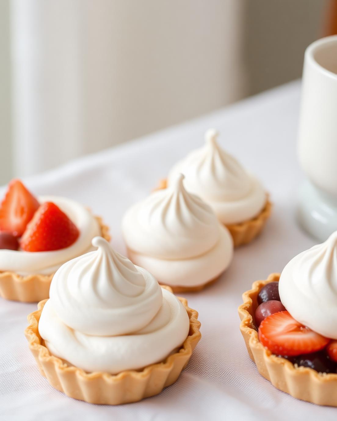 Pale meringues and fruit tarts on a linen tablecloth