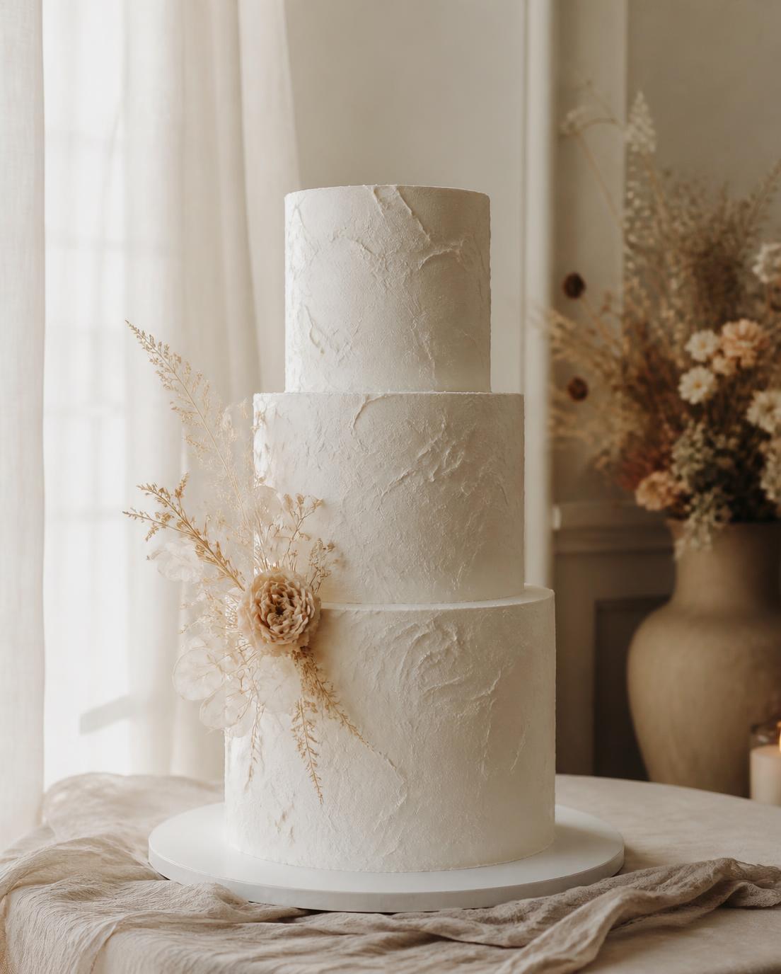 Three-tier textured wedding cake in soft daylight