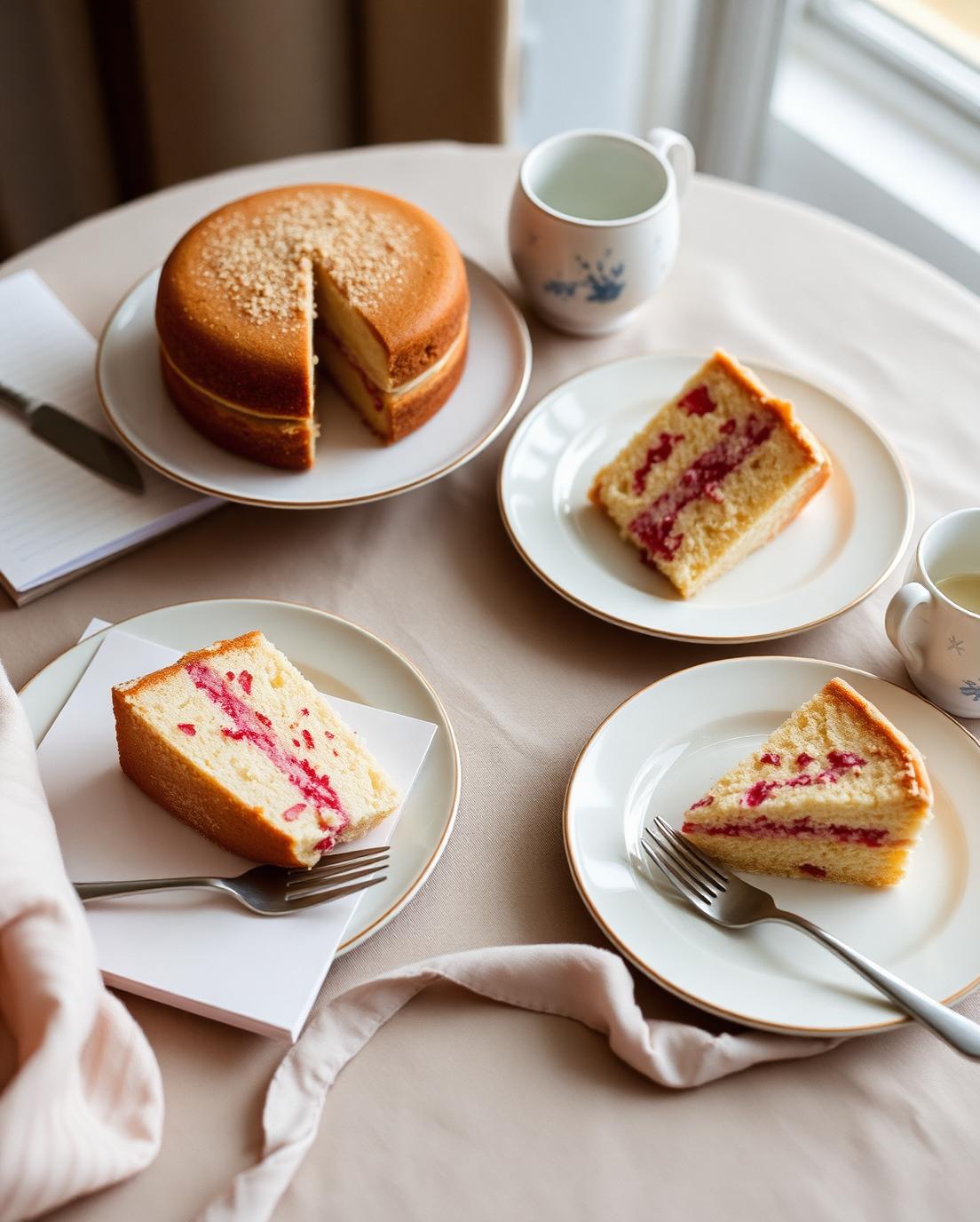 Private cake tasting table with slices, plates and a notebook