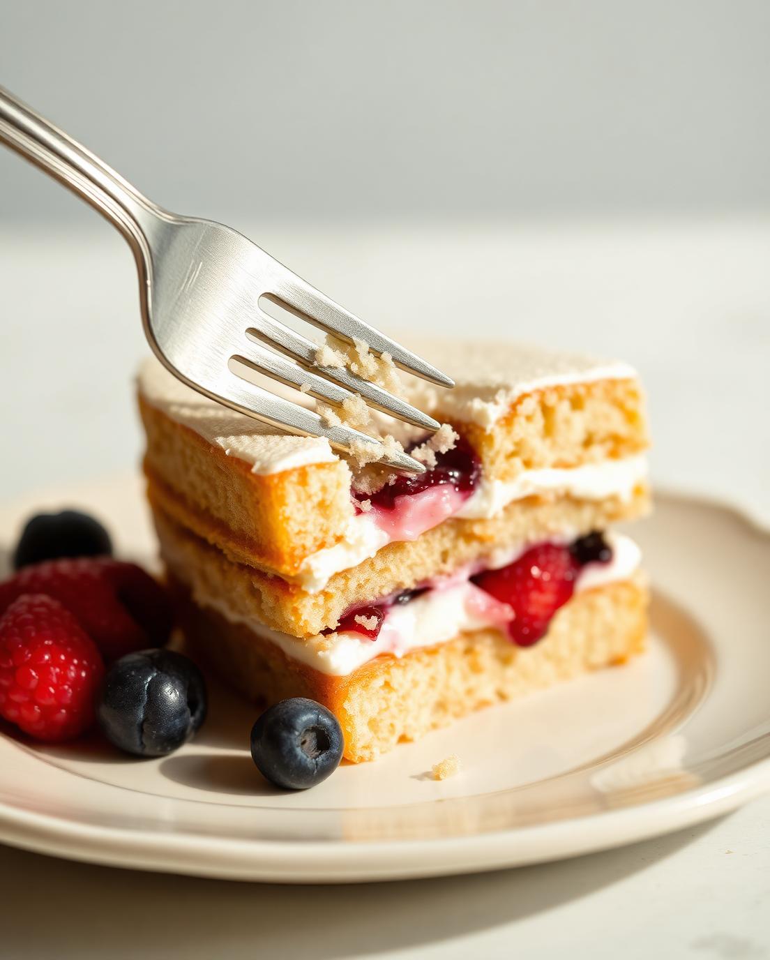 Fork taking a bite of layered sponge cake with cream and berries