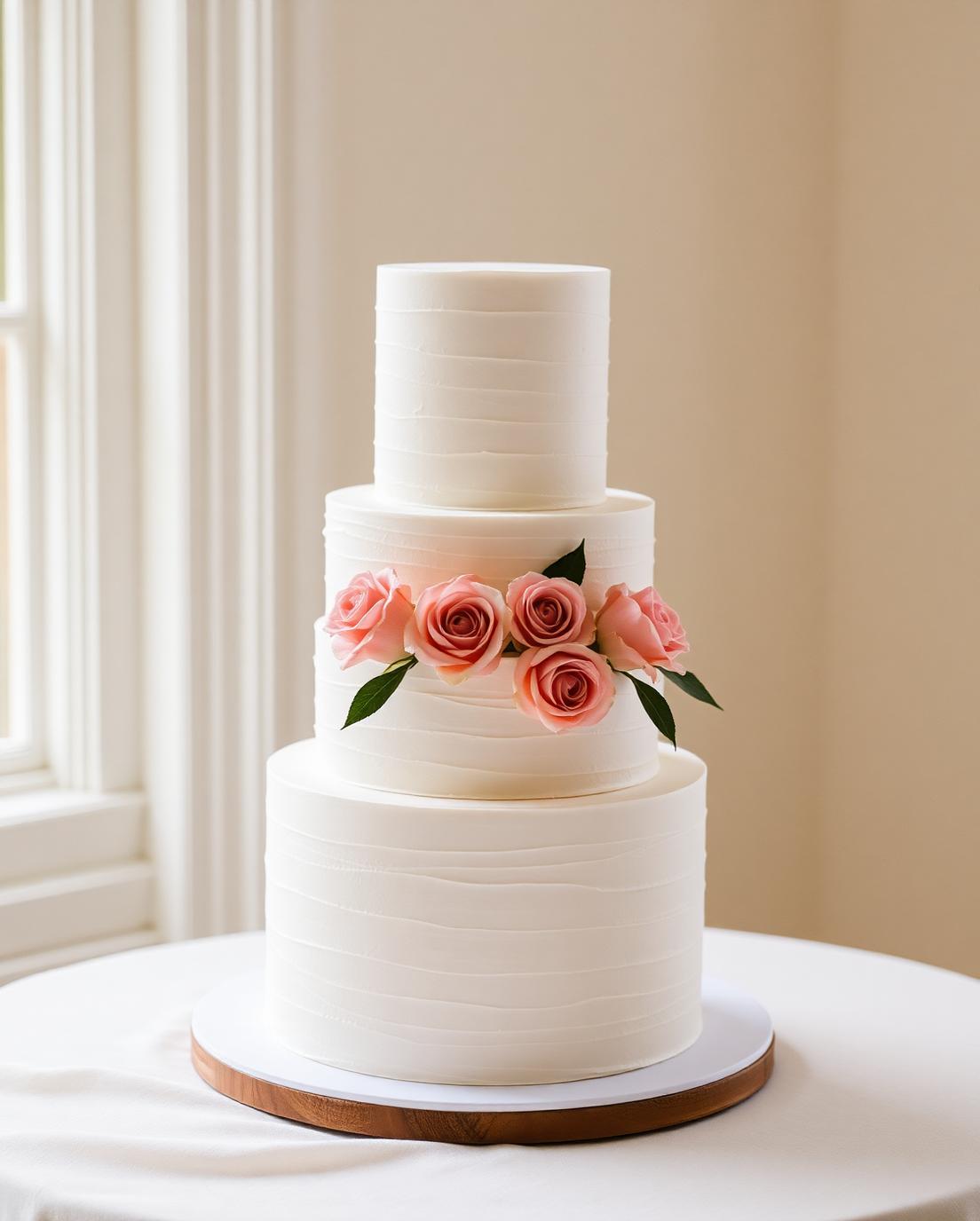 Four-tier ivory wedding cake with dusty rose garden roses
