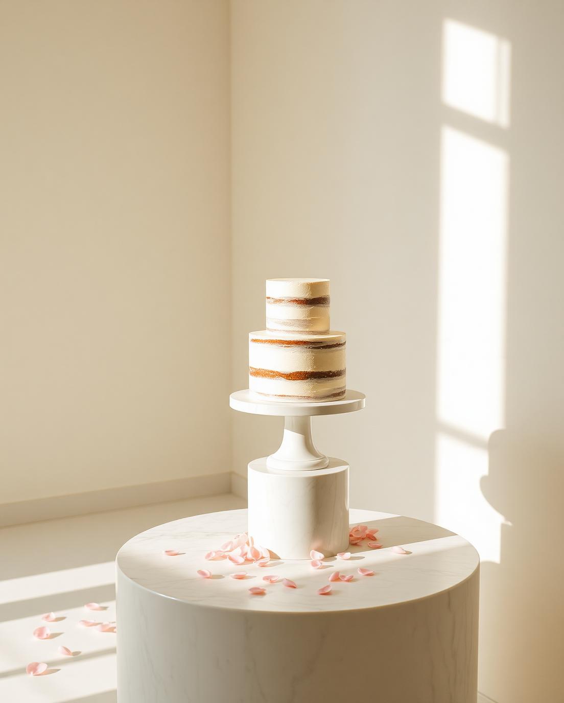 Two-tier semi-naked wedding cake on a marble pedestal
